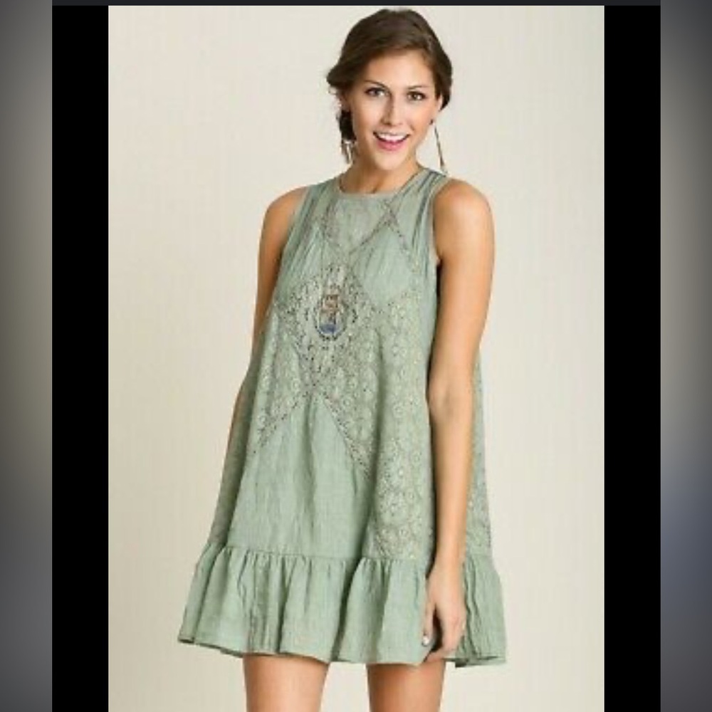 Sage olive green lace overlay open peek a boo back swing dress S boho casual